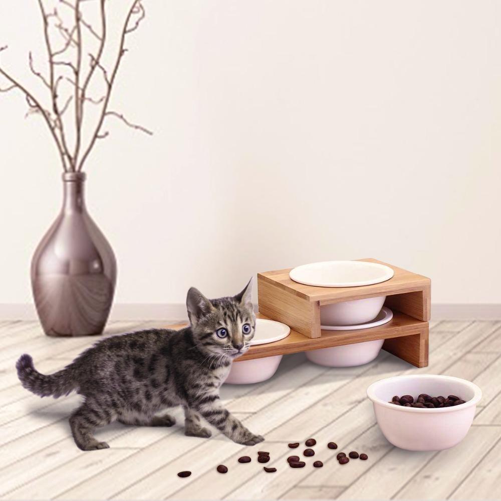 Cat Dog Feeders Bowl Pet Food Water Bowl 1/2 Bowls Ceramic Tableware Bamboo Frame Antiskid Pet Supplies Dog Cat Feeding Bowl