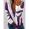 Autumn and winter extension color matching striped printing zipper T-shirt casual long-sleeved top large size women's clothing