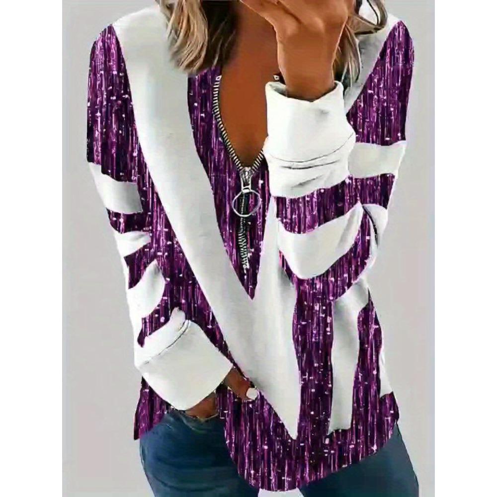 Autumn and winter extension color matching striped printing zipper T-shirt casual long-sleeved top large size women's clothing