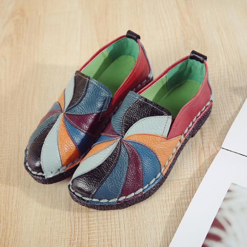 Spring new flat-soled women's shoes color matching leather women's single shoes casual large-size shoes