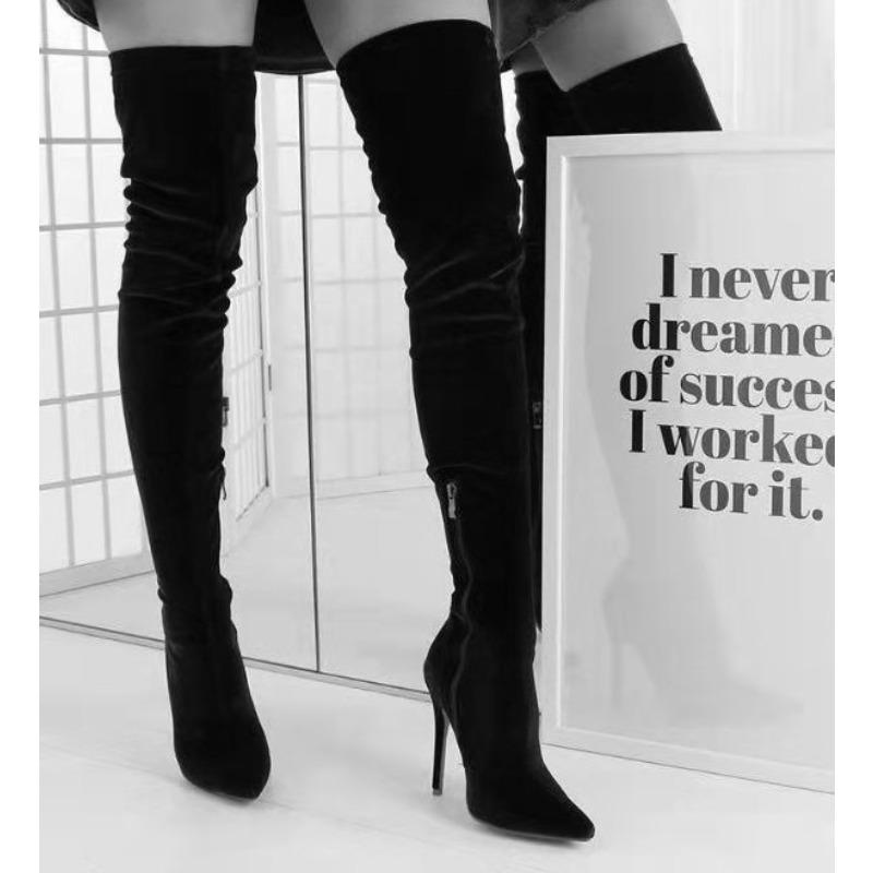 Velvet Over Knee Boots for Women Spring Autumn Pointed Toe Stiletto Heels Elastic Thigh High Plus Size 34-43