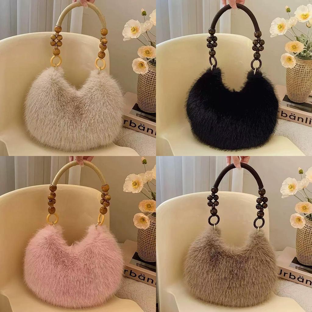 Vintage Plush Handbag With Beaded Details For Daily Casual Womens Fashion