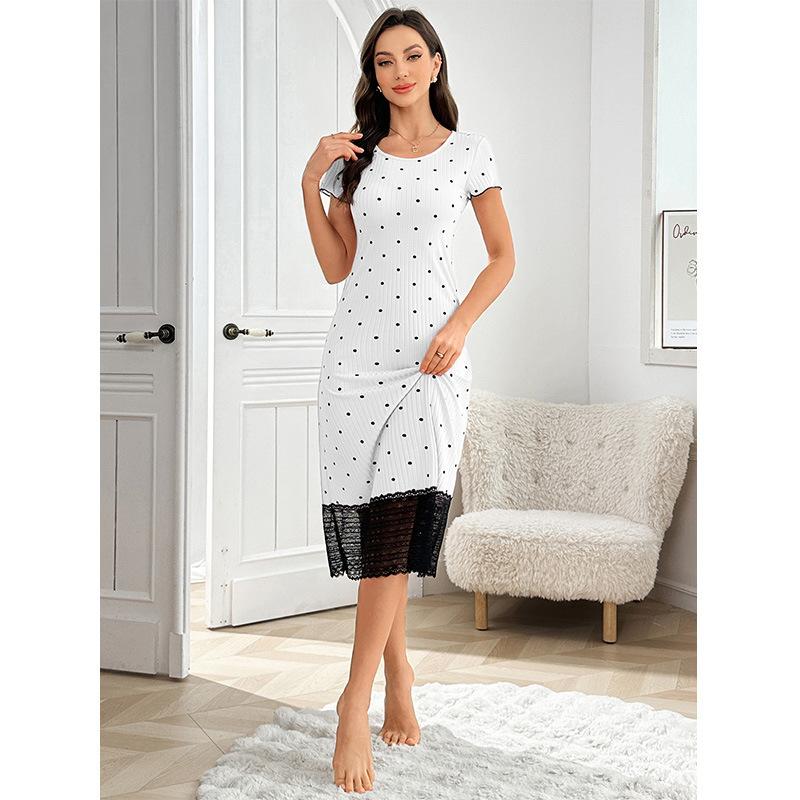

Summer Women Nightwear Home Clothes Sexy Dot Print Lace Nightdress Sleepwear Casual Slim Thin Short Sleeve Purple Nightgowns Female S белый