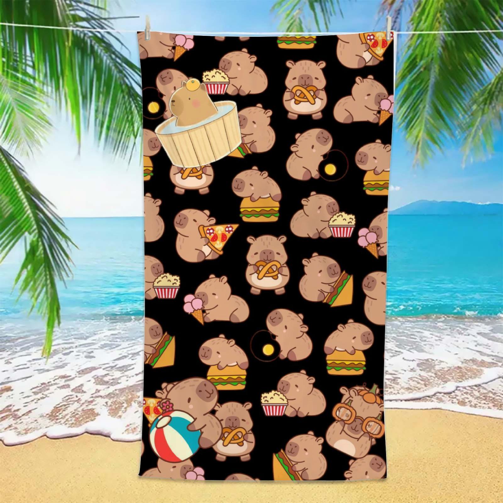 

Cute Capybara Beach Towel 1pc Black Background Food Print Microfiber Sand Free Quick Dry Towel for Beach Pool Kids Summer W40*H60(CM)