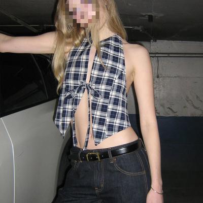 European and American Women's Summer Sexy Backless Hanging Neck Plaid Strap Short Vest