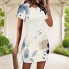 Women Plus Size Round Neck Short Sleeve Abstract Printed White Fitted Bodycon Mini Dress