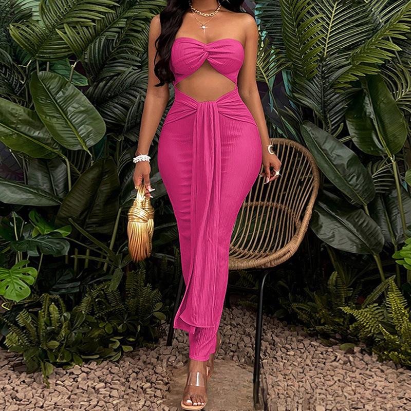 Europäisches und amerikanisches Sommer-Einfarbiges Kleid mit Schlitz, trägerlos, rückenfrei und mit freiem Bauchnabel