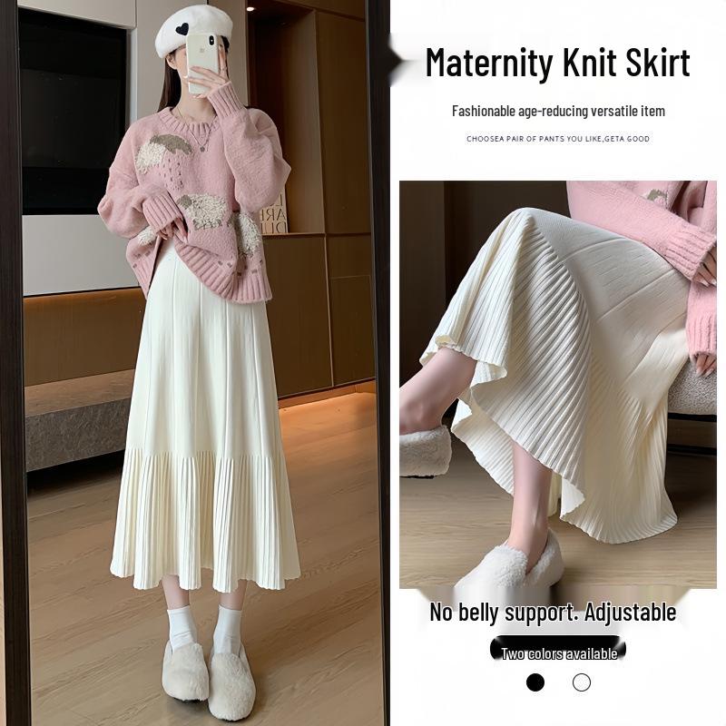 Petite High Waist Maternity Pleated Midi Skirt - Slimming A-line Design for Spring & Autumn L
