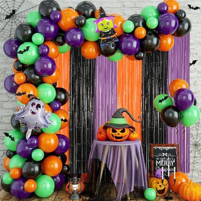 Halloween Tinsel Curtain & Balloon Chain Set: Black, Orange, Purple Decor for Spooky Atmosphere