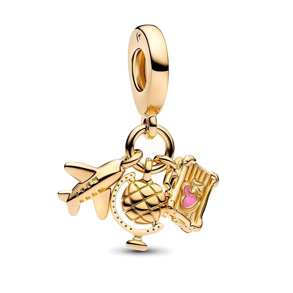 Gold Series Family Infinity & Airplane Globe Suitcase Triple Dangle Charm Fit Pan Bracelet DIY Women's Jewelry Gift