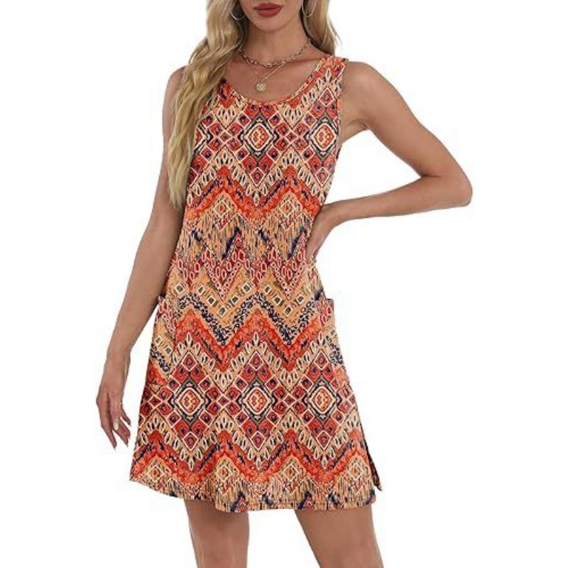 Women's Print Casual Sleeveless Vest Pocket Dress