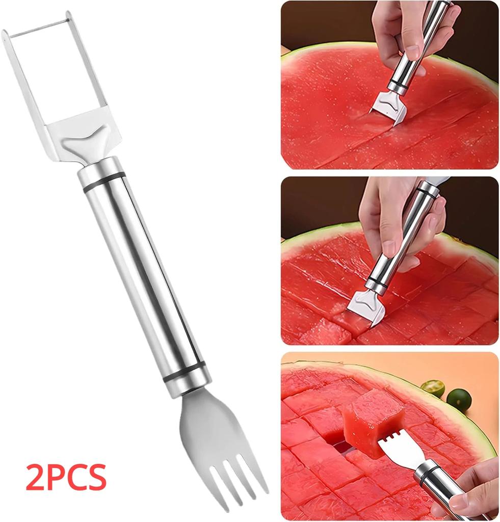 2-in-1-Wassermelonen-Gabelschneider, Doppelkopf, Edelstahl, multifunktionaler Wassermelonen-Obstschneider, Küchen-Obstschneidegabel-Werkzeug