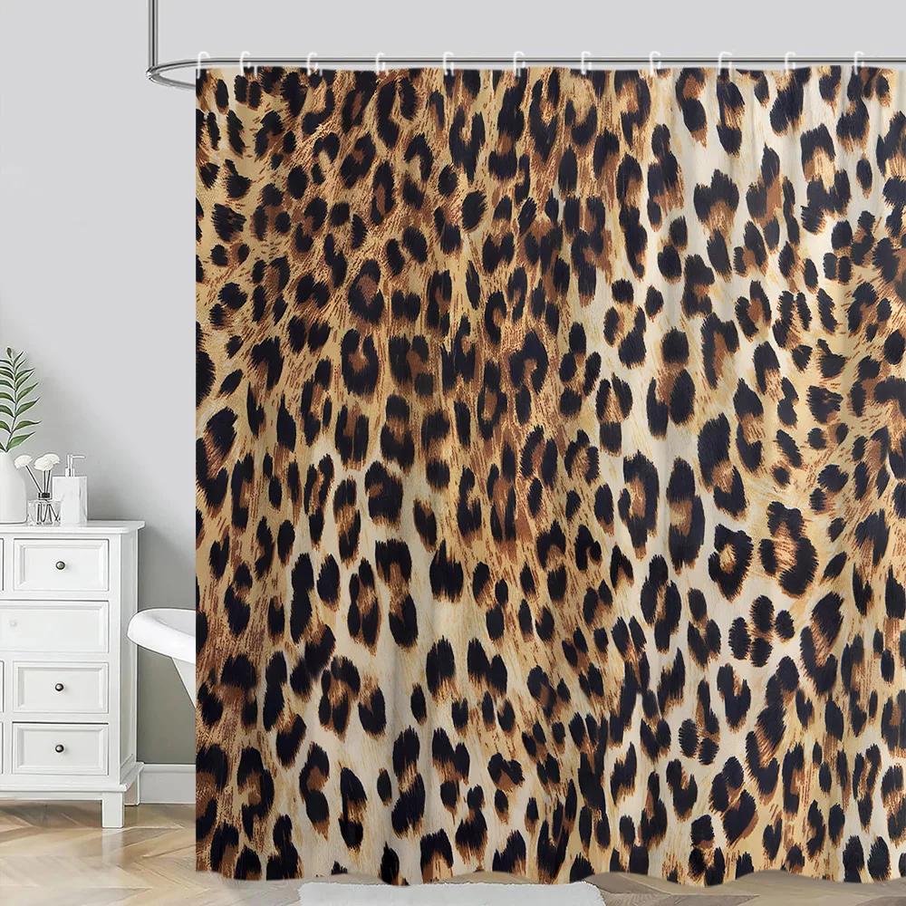 

Leopard Textured Shower Curtain, Vintage Striped Brown Floral Creative Geometric Modern Plants Polyester Bathroom Decor Curtain W60H190(CM)-1 Pcs
