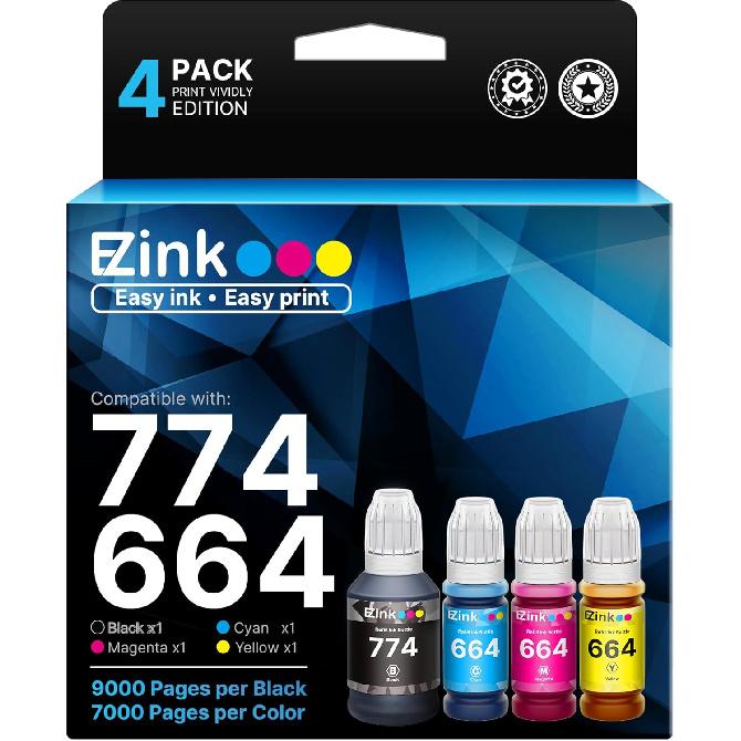 E-Z Ink Compatible Ink Bottle Replacement for Epson 664 Ink Refill Bottles 774 T774 High Yield to use with ET-2650, ET-16500, ET-4500, ET-2550,