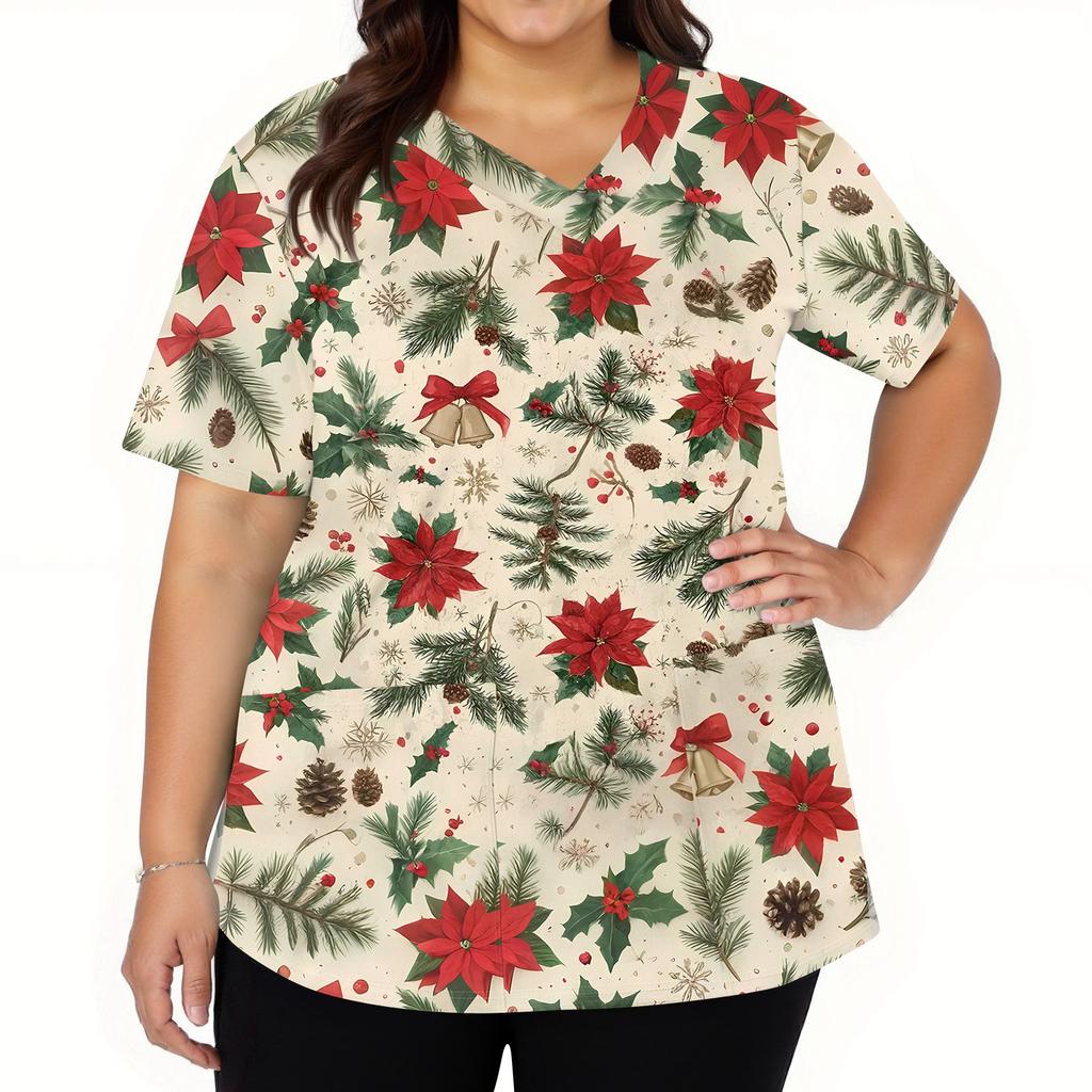 Women's Fashion V-neck Short Sleeve Workwear With Pockets Christmas Printed Tops