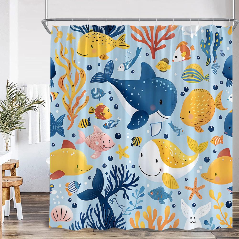 Cartoon Ocean Animals Kids Shower Curtains Tropical Fishes Coral Starfish Shell Bathroom Decorations Funny Children Bath Curtain