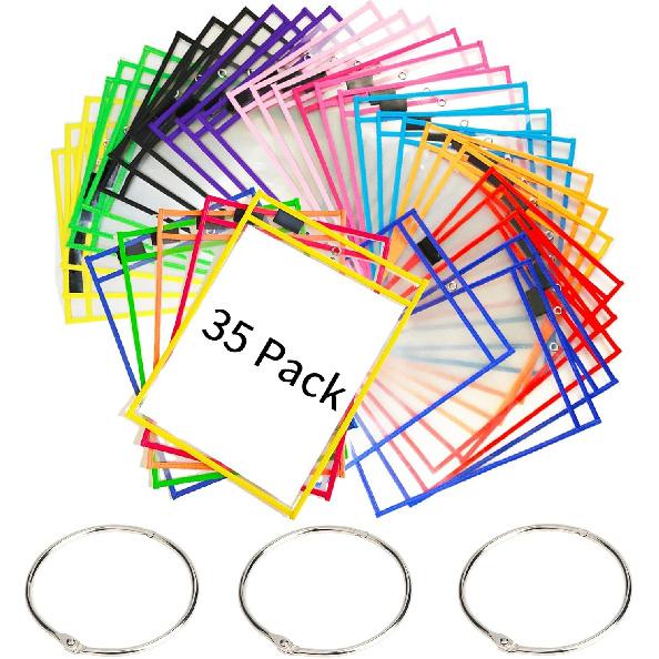 6 Packs Oversized Reble Dry Erase Pocket Sleeves, Black 10x14 Ticket Holders, Clear Plastic Sheet Protectors, Teacher School Classroom Supplies