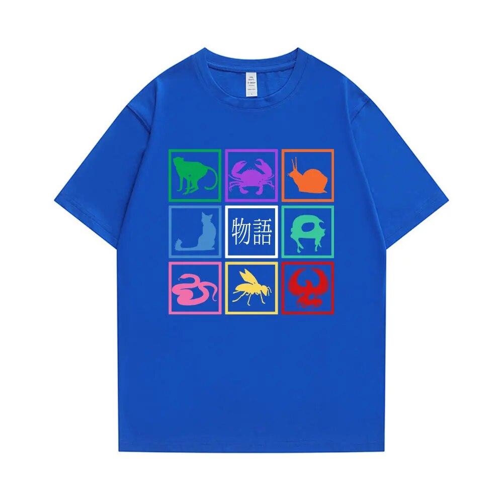 Japanische Manga Monogatari Serie Grafikdruck Schwarzes T-Shirt Unisex Damen Übergroßes T-Shirt Kleidung Lustiges Harajuku Streetwear Top