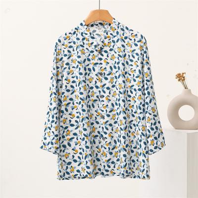 Cotton Silk Printed Standing Collar Cardigan Long Sleeve Women's Shirt Summer Thin Comfortable Breathable Rayon Top