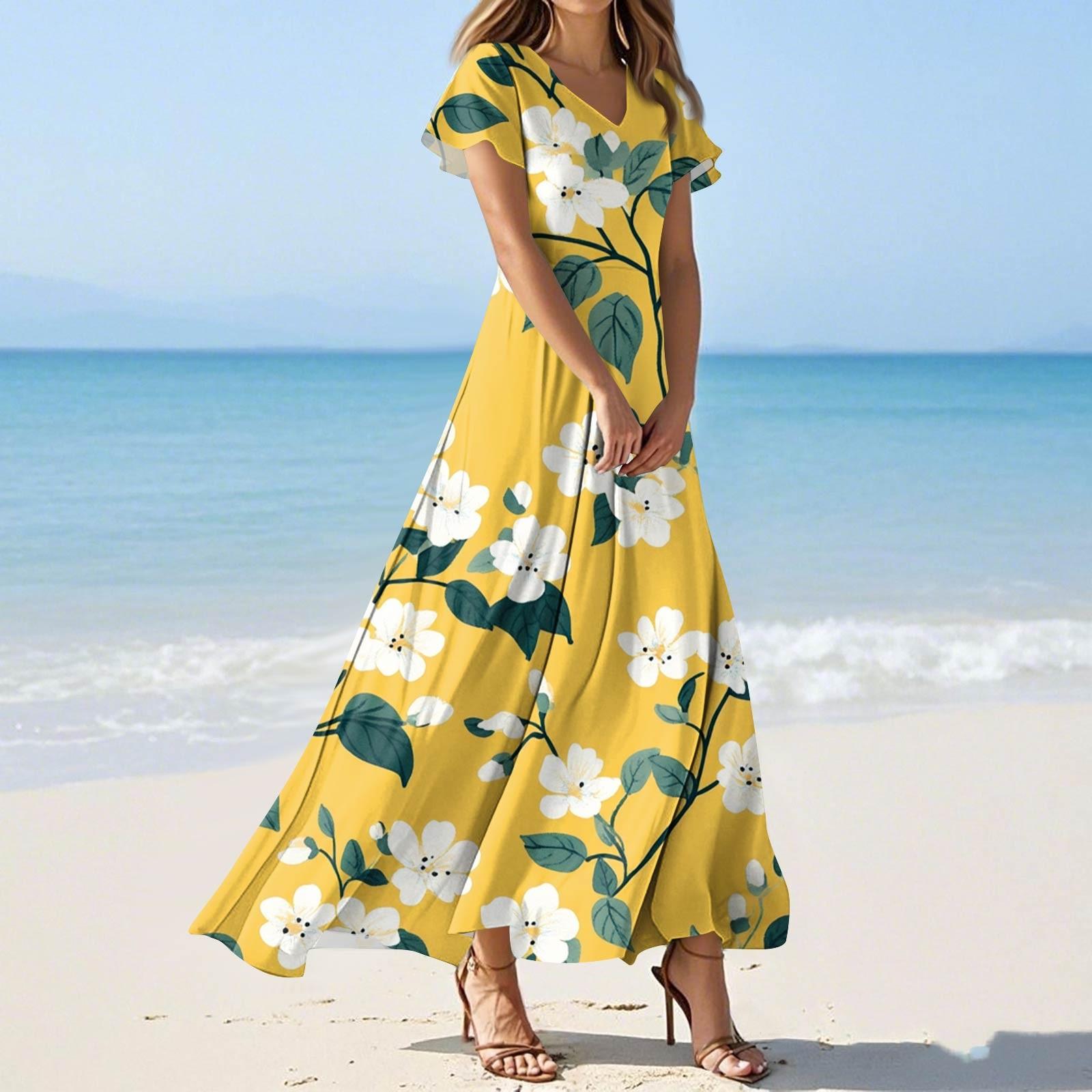

Женские летние повседневные модные платья с принтом и короткими рукавами и V-образным вырезом S жёлтый