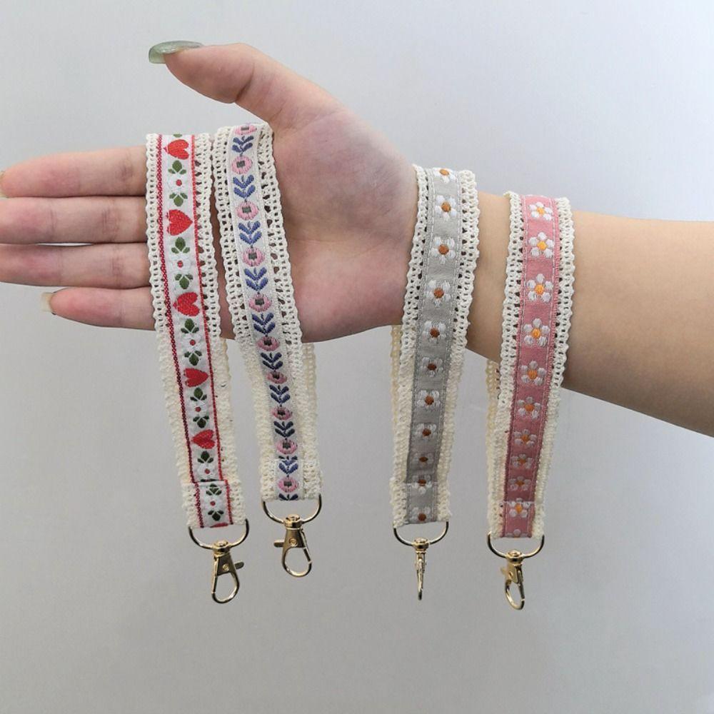 Anti-Lost Ethnic Style Lanyard Colourful Flower Keychain Versatile Lace Wrist Strap Women