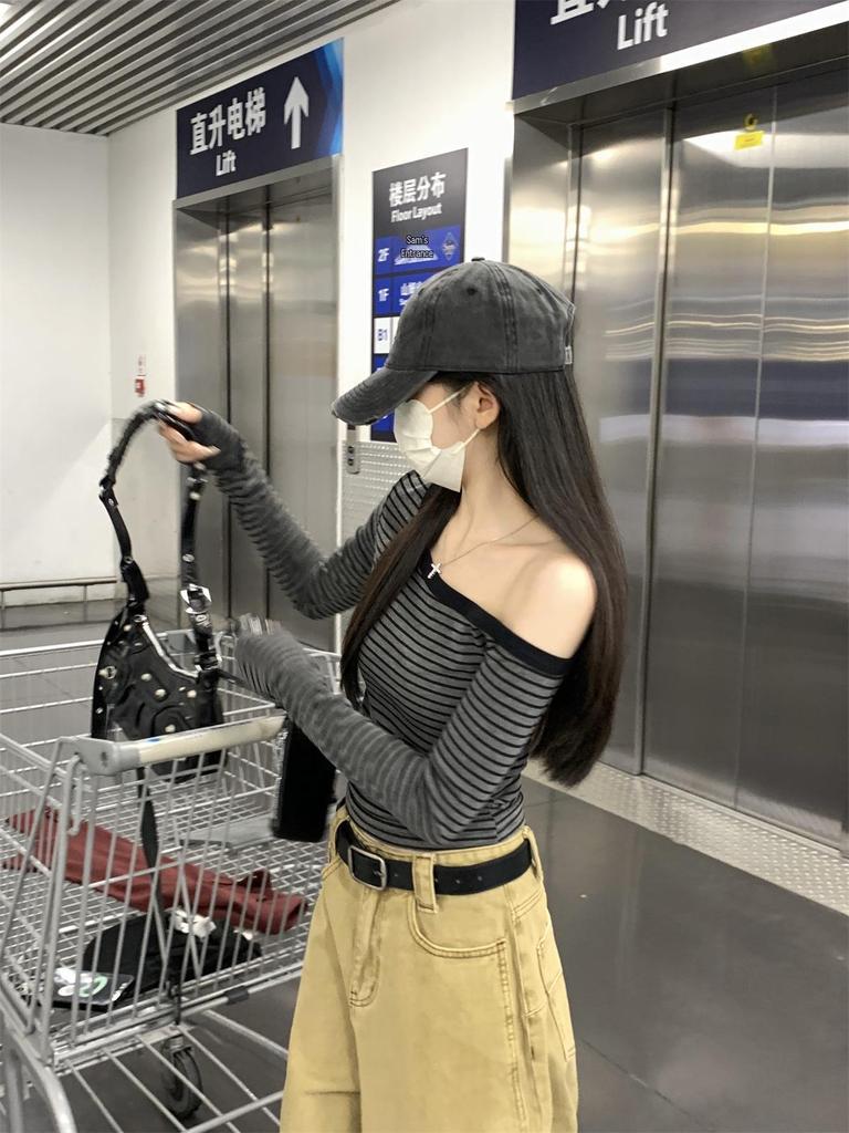 Stylish Slim-Fit Striped Off-the-Shoulder T-Shirt for Women – Spicy Autumn Vibe