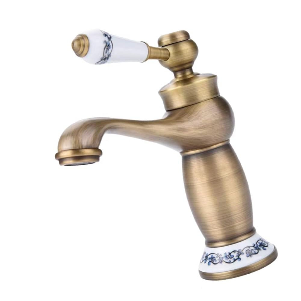 Ceramic Antique Brass Faucet Bathroom Sink Faucet Blue White Porcelain Long Neck Vintage Faucet Kitchen Water Basin Tap