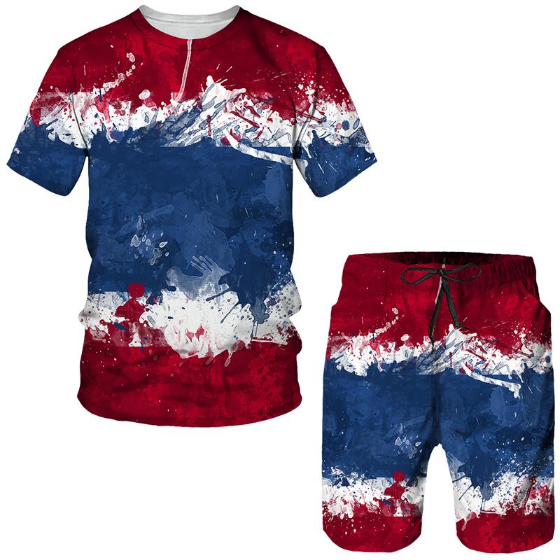 Summer Spain Flag 3D tisk Sada krátkých rukávů pro muže Mužské Barevné Funny Streetwear Dvoudílné tepláky Volné Hip Hop Streetwear