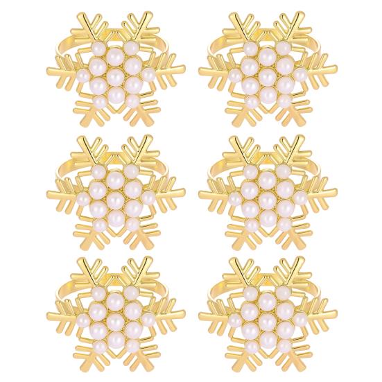 1/2/6Pcs Golden Metal Napkin Ring Faux Pearl Decor Snowflake Design Winter-themed Napkin Holders Weddings Parties Table Decor