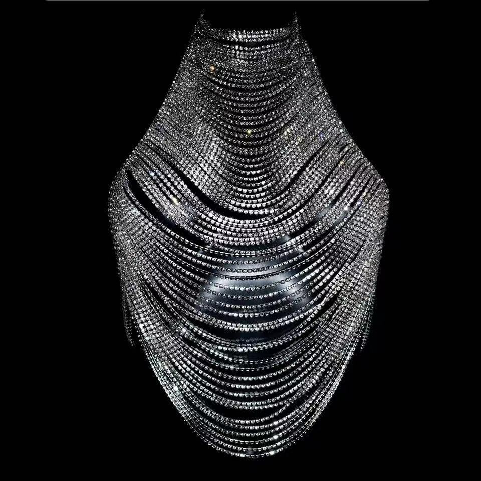 European And American Fashion Multi-Layer Rhinestone Chest Chain, New Nightclub Sexy Body Chain Accessories Women S Body Chain