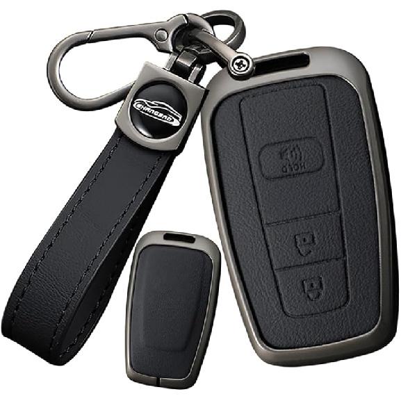 SANRILY Metal & Leather 3 Button Key Fob Cover Case Compatible with Toyota Camry 2018-2023 RAV4 4Runner Highlander Avalon C-HR Prius Prado Corolla Black-3 Button