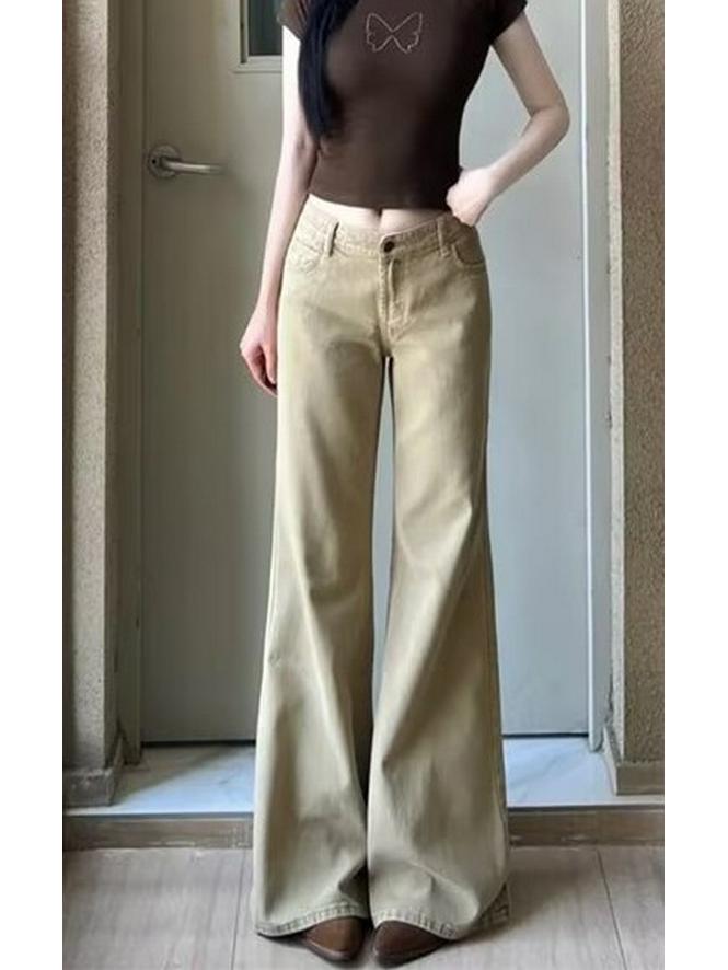 Retro Khaki Women s Low Waist Wide Leg Bell Bottom Jeans 3XL хаки