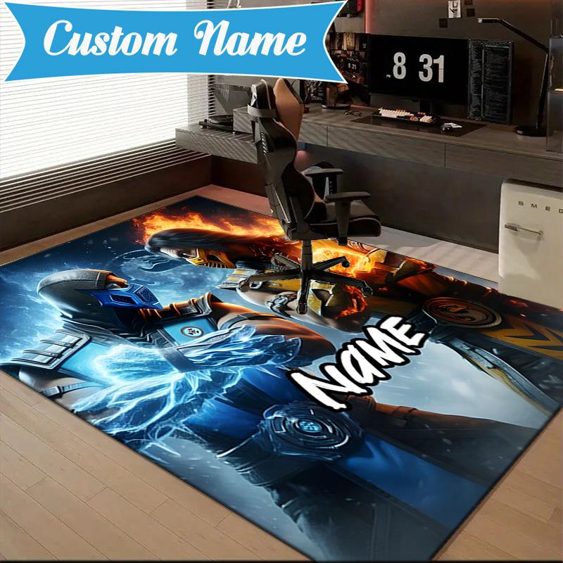 Custom Name Thunderous Warrior's Kombat Rug for Living Room, Game Rooms, Office, Bedroom, Floor Mat Playful Design, fan gifts Christmas decor