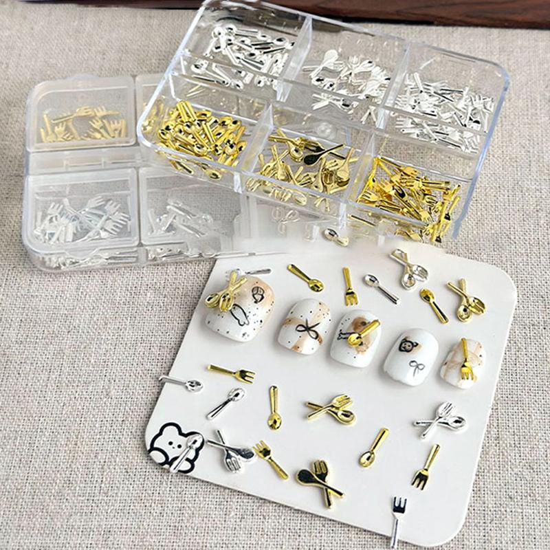 6 Grids/Box Mix Gold Silver Mini Forks Spoons Tableware Alloy Nail Art  Decorations Manicure Cure Charms Accessories