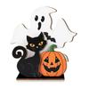Halloween wooden decorations: ghost statues, black cats, and pumpkins, used for home party decoration