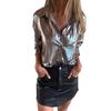 Camicia da donna con risvolto, manica lunga, vestibilità ampia, in pelle scamosciata, casual, con tasca applicata, monopetto