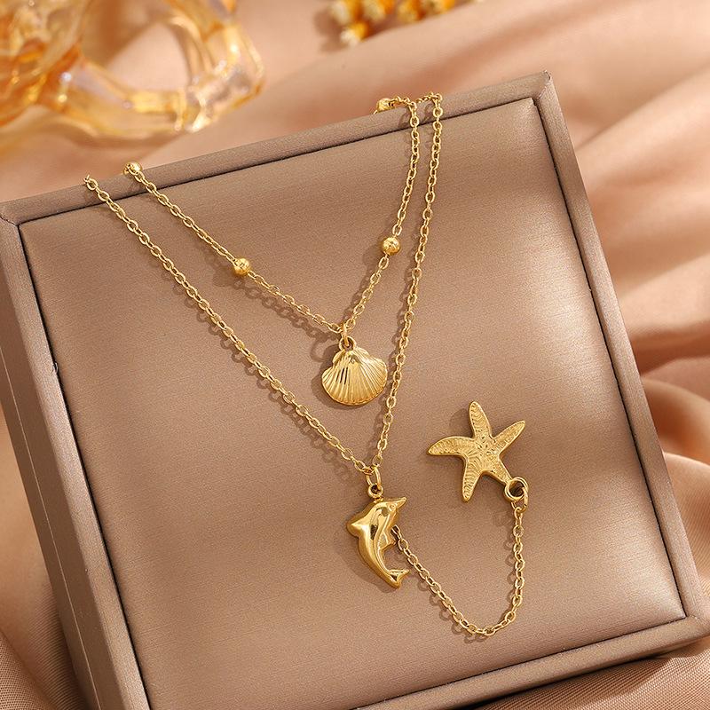 High-End Starfish Seashell Double-Layer Titanium Steel Necklace for Women