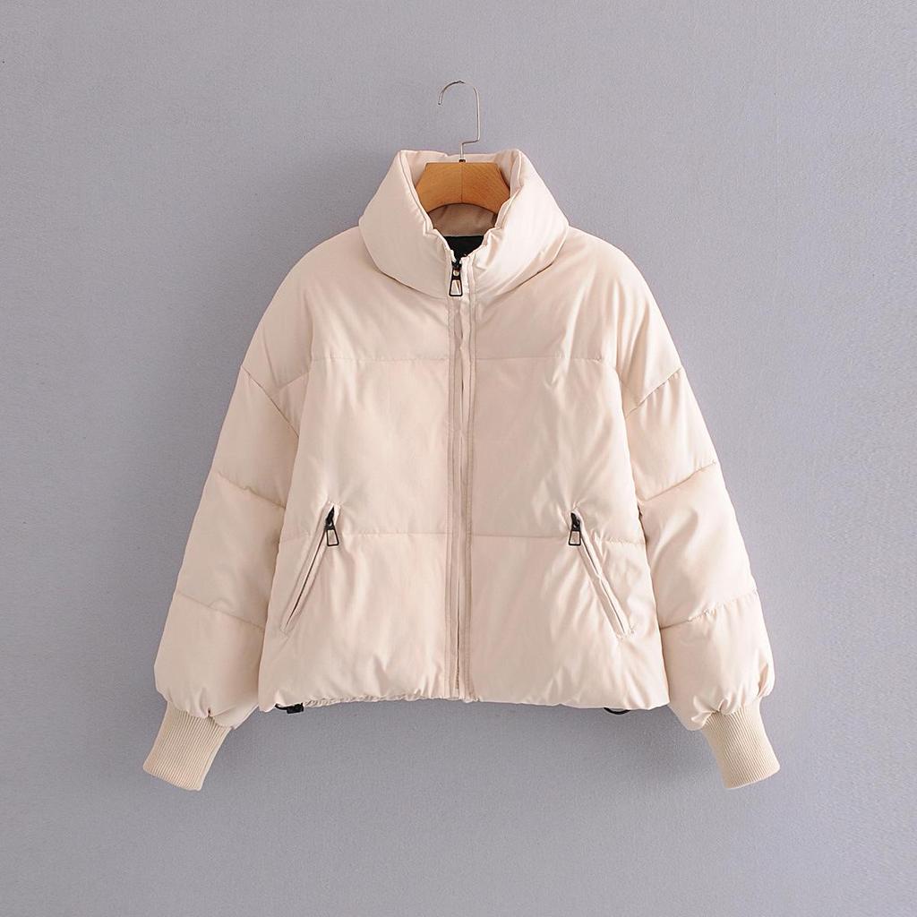 Automne Hiver Femmes Doublure En Coton Court Parka Veste Manteau avec Col Montant Couleur Unie Style Preppy Épais Poches À Fermeture Éclair Oversize XS-L