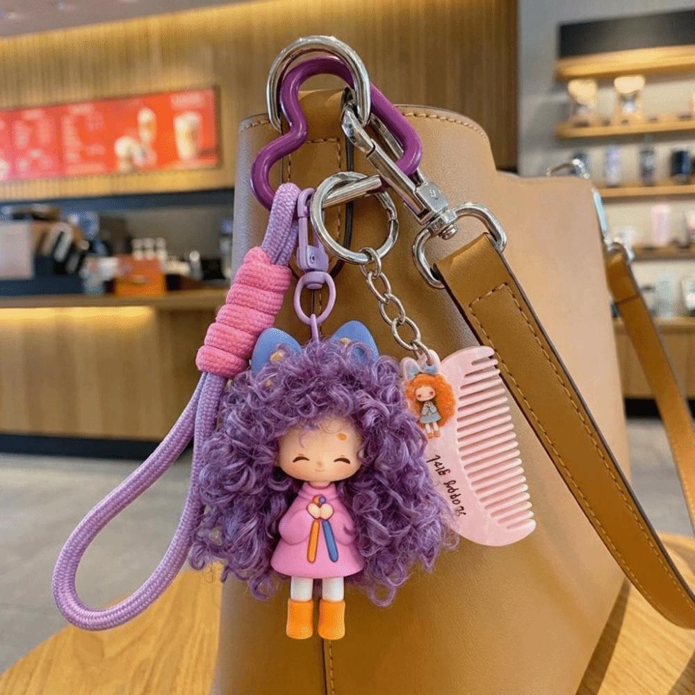 Soft Rubber Curly Hair Doll Keychain Colorful Bag Pendant Sweet Halyard Heart Keyring Kids Gift