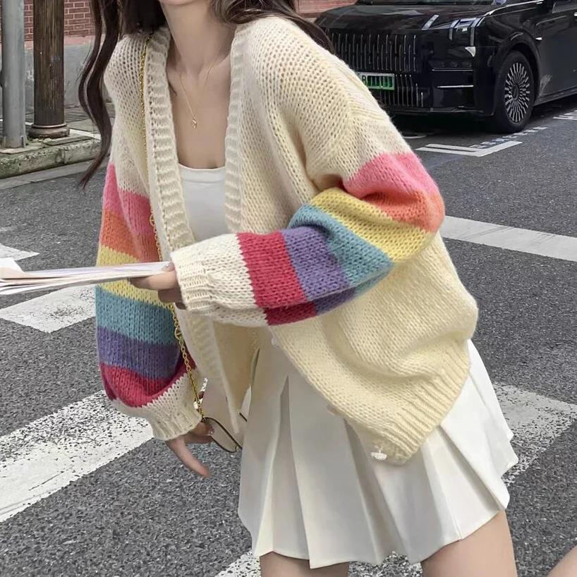 Regenbogen gestreifter Strick-Cardigan für Damen Teenager Gemütlich Weich Mohair Knopfleiste Pullover Jacke Winter Herbst Y2K Outfit