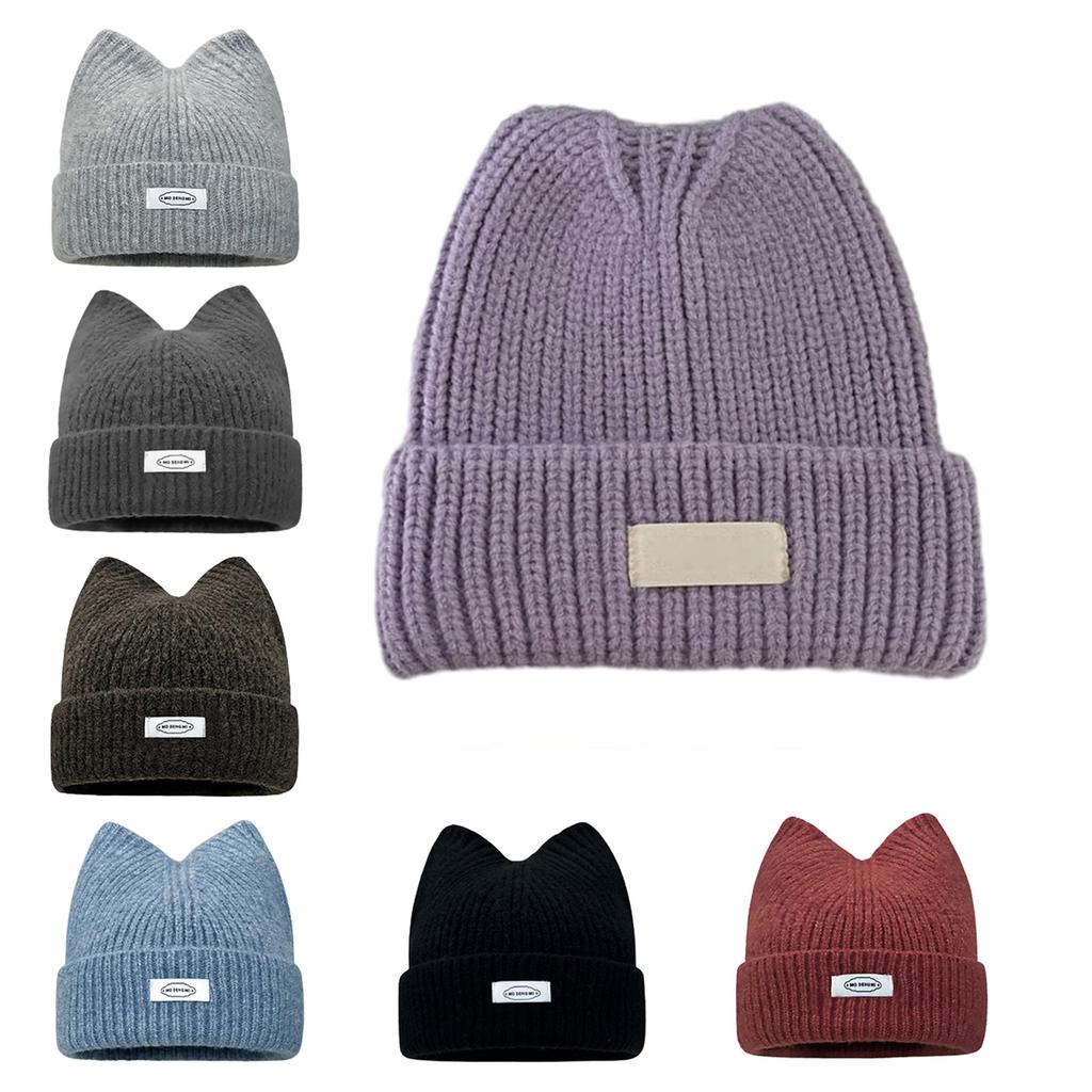 Floppy Cat Ear Beanie for Students Adult Windproof Foldable Winter Hat Thicken Harajuku Beanie with Letter Decals
