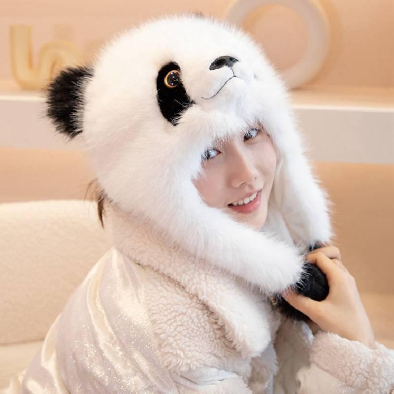 He Qizai Hua Panda Plüschmütze Eltern-Kind-Dekoration Wärme Niedlich Ohrenschützer
