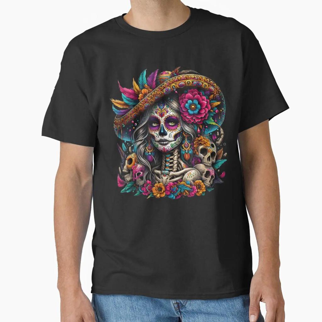 Fall Floral Sugar Skull Unisex Catrina Classic T Shirt Vintage Stylish Homme Fashion Soft Stretched Graphic Breathable