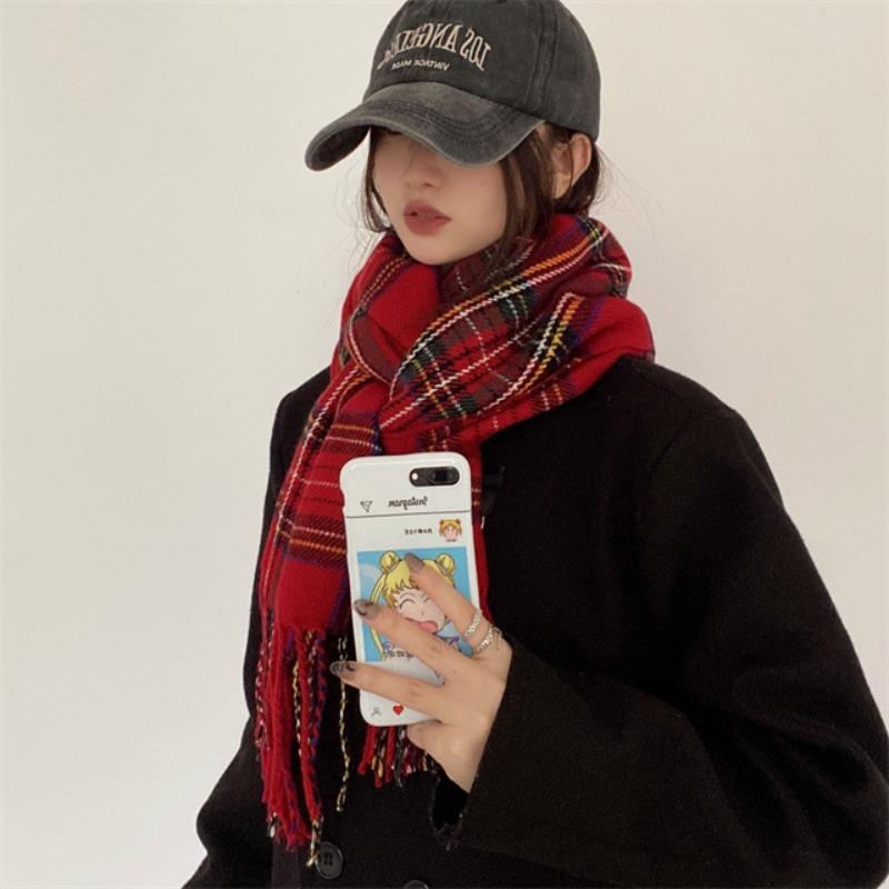 Red Scarf Women's Winter Plaid Versatile Warm High-end Trendy New Gift Christmas Scarf Shawl