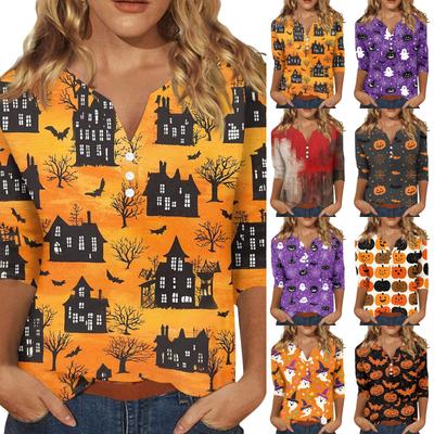 Women's Casual Halloween Print V Neck Short Sleeve Buttoned Three Quarter Sleeve T Shirt Top for Everyday Wear