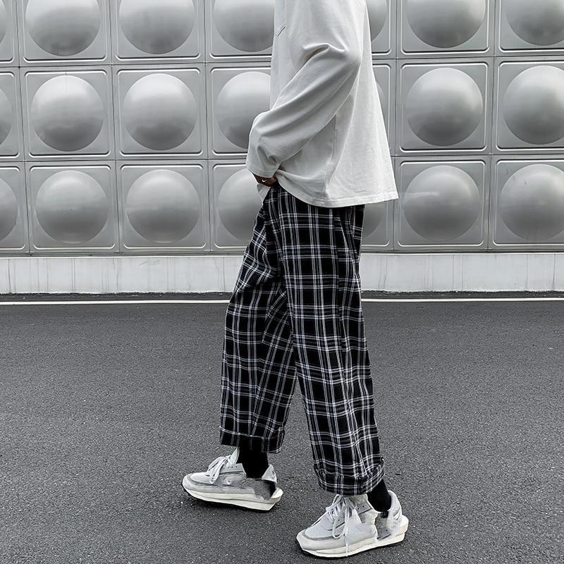 Männer Casual Hosen Plaid Knöchel Länge Lose Breite Bein Alle-spiel Elastische Taille Mode Hosen Streetwear Harajuku Koreanische Retro ins