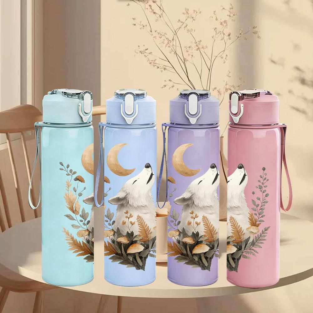 1PC Moon Forest Wolf Portrait 750ml Color Plastic Sports Water Bottle Leakproof Flip Straw Lid Suitable for Sports Office Home Use
