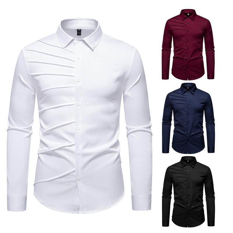 Autumn Men'S Solid Color Pleated Design Long-Sleeved Shirt European Size Men'S Loose Shirt