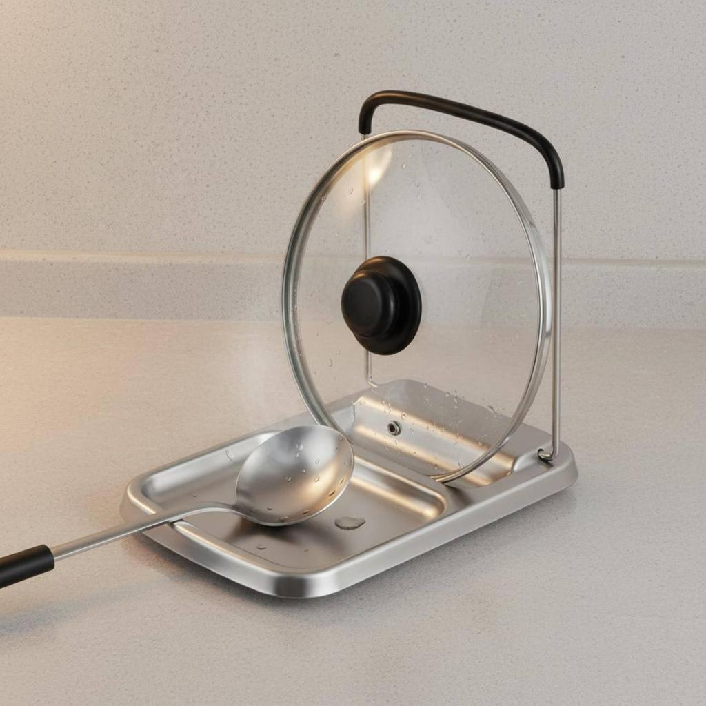 Pot Lid and Spoon Rest MultiFunctional Countertop Utensil Stand Space Saving Stainless Steel Ladle