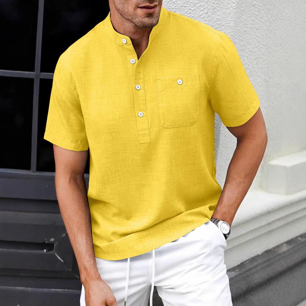 Men Stand Collar Short Sleeve Loose Solid Color Casual Henley Shirt
